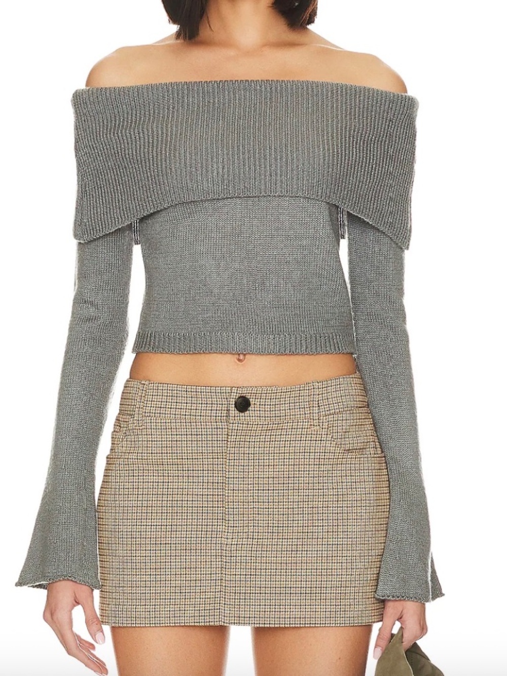 SNDYS x Revolve Off-the-Shoulder Fold-Over Knit Sweater - Gray